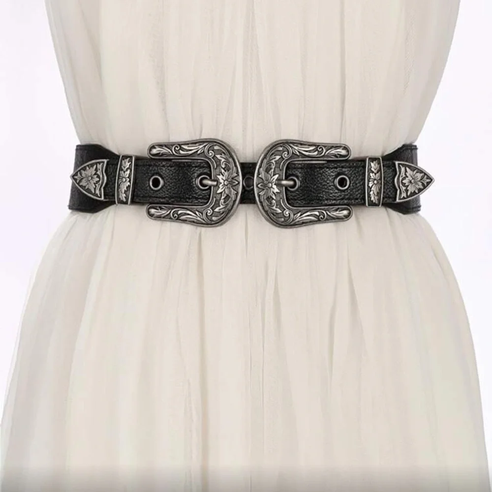 Black Western Women’s Vegan Leather Double Buckle Belt with Silver Buckles